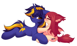 Size: 3509x2073 | Tagged: safe, artist:airiniblock, imported from derpibooru, oc, oc only, oc:airi, oc:vajr, bat pony, pony, unicorn, bat pony oc, blushing, couple, duo, duo male and female, ear fluff, eye clipping through hair, eyebrows, eyebrows visible through hair, eyes closed, female, floppy ears, high res, hooves, horn, love, lying down, male, mare, oc x oc, prone, rcf community, shipping, simple background, smiling, stallion, straight, tail, transparent background, two toned mane, two toned tail, unicorn oc, vairi