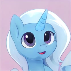 Size: 1024x1024 | Tagged: safe, imported from derpibooru, pony, unicorn, ai content, ai generated, blue coat, bust, generator:thisponydoesnotexist, horn, not trixie, open mouth, open smile, portrait, purple background, simple background, smiling, solo
