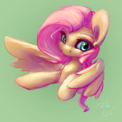Size: 1941x1941 | Tagged: safe, artist:rainsketch, imported from derpibooru, fluttershy, pegasus, pony, bust, eyebrows, female, green background, mare, portrait, signature, simple background, smiling, solo, spread wings, wings