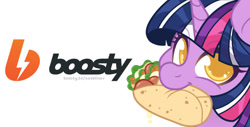 Size: 900x458 | Tagged: safe, artist:sadelinav, imported from derpibooru, twilight sparkle, pony, advertisement, burrito, colored pupils, female, food, horn, logo, mare, mouth hold, simple background, solo, white background