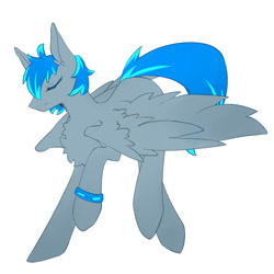 Size: 1000x1000 | Tagged: safe, artist:欲竹, imported from derpibooru, oc, oc only, oc:leaf blade, pegasus, pony, chest fluff, eyes closed, full body, hooves, male, pegasus oc, simple background, solo, stallion, tail, two toned mane, two toned tail, white background, wings