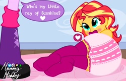 Size: 2360x1520 | Tagged: safe, artist:mommymidday, imported from derpibooru, sunset shimmer, twilight sparkle, human, equestria girls, abdl, ass, butt, clothes, dialogue, diaper, diaper fetish, feet, fetish, looking up, non-baby in diaper, offscreen character, pacifier, show accurate, sitting on floor, socks, speech bubble, thigh highs