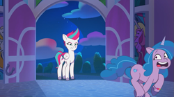 Size: 1023x574 | Tagged: safe, imported from derpibooru, screencap, izzy moonbow, zipp storm, pegasus, pony, unicorn, spoiler:tyts01e12, angry, duo, duo female, female, g5, mare, my little pony: tell your tale, night, nightime, running, running away, the game is ahoof