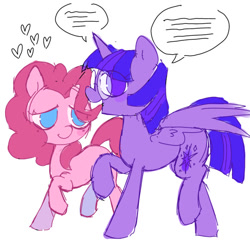 Size: 540x533 | Tagged: safe, artist:thatna, imported from derpibooru, pinkie pie, twilight sparkle, alicorn, earth pony, pony, dialogue, female, heart, horn, lesbian, mare, raised hoof, shipping, simple background, smiling, speech bubble, talking, twilight sparkle (alicorn), twinkie, white background, wings