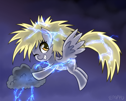 Size: 1200x960 | Tagged: safe, artist:empyu, imported from derpibooru, derpy hooves, pegasus, pony, cloud, cute, derpabetes, electricity, female, flying, grin, gritted teeth, hooves, lightning, mare, one eye closed, signature, smiling, solo, spread wings, tail, teeth, wings