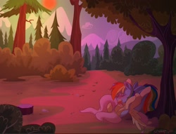 Size: 2028x1551 | Tagged: safe, artist:wonderwaifu, imported from derpibooru, fluttershy, rainbow dash, pegasus, pony, blushing, cuddling, eyes closed, female, flutterdash, forest, kissing, lesbian, lying down, making out, mare, on back, passionate, romantic, scenery, shipping, spread wings, sunset, wings