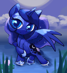 Size: 1280x1389 | Tagged: safe, artist:thatna, imported from derpibooru, princess luna, alicorn, pony, cloud, female, g4, lilypad, mare, moonlight, solo, water