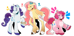 Size: 1280x626 | Tagged: safe, artist:skillbattle, imported from derpibooru, fluttershy, pinkie pie, rarity, butterfly, earth pony, pegasus, unicorn, emanata, female, heart, horn, mare, raised hoof, simple background, smiling, sparkles, white background, wings