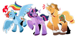 Size: 1280x626 | Tagged: safe, artist:skillbattle, imported from derpibooru, applejack, rainbow dash, twilight sparkle, alicorn, earth pony, pegasus, apple, applejack's hat, cowboy hat, emanata, female, flying, food, hat, horn, mare, pale belly, raised hoof, simple background, smiling, sparkles, spread wings, twilight sparkle (alicorn), white background, wings