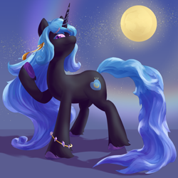 Size: 4500x4500 | Tagged: safe, artist:felldeal, imported from derpibooru, izzy moonbow, pony, unicorn, absurd resolution, bracelet, eyebrows, eyebrows visible through hair, female, full body, g5, hooves, horn, jewelry, mare, moon, nightmare moonbow, nightmarified, raised hoof, shadow, solo, standing, tail, underhoof, unshorn fetlocks