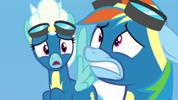 Size: 1280x720 | Tagged: safe, imported from derpibooru, screencap, fleetfoot, rainbow dash, pegasus, pony, parental glideance, season 7, blue background, clothes, duo, duo female, female, flying, goggles, gritted teeth, looking at someone, mare, narrowed eyes, open mouth, shrunken pupils, simple background, spread wings, teeth, uniform, wings, wonderbolts, wonderbolts uniform