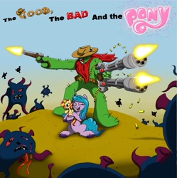 Size: 3000x3009 | Tagged: safe, artist:cactuscowboydan, imported from derpibooru, izzy moonbow, sunset shimmer, oc, pony, unicorn, comic:the good the bad and the pony, belt, blood, bullet, cactus, coronavirus, covid-19, cowboy hat, fight, g5, gun, handgun, hat, hug, minigun, monster, plushie, revolver, sand, smiling, title, weapon