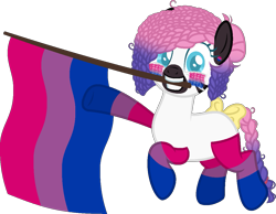 Size: 1157x897 | Tagged: safe, artist:yeetmedownthestairs, imported from derpibooru, oc, oc only, oc:zuri sambo, zebra, bisexual pride flag, bow, braided tail, clothes, commission, cute, ear piercing, earring, face paint, grin, jewelry, mouth hold, piercing, pride, pride flag, pride month, raised hoof, raised leg, simple background, smiling, socks, solo, striped socks, tail, tail bow, transparent background, ych result, zebra oc
