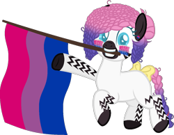 Size: 1157x897 | Tagged: safe, alternate version, artist:yeetmedownthestairs, imported from derpibooru, oc, oc only, oc:zuri sambo, zebra, bisexual pride flag, bow, braided tail, commission, cute, ear piercing, earring, face paint, grin, jewelry, mouth hold, piercing, pride, pride flag, pride month, raised hoof, raised leg, simple background, smiling, solo, tail, tail bow, transparent background, ych result, zebra oc