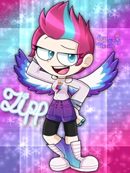 Size: 1200x1600 | Tagged: safe, artist:tom-x-dajimi, imported from derpibooru, zipp storm, human, adorazipp, boots, clothes, converse, cute, female, g5, humanized, leggings, open mouth, shirt, shoes, shorts, solo, winged humanization, wings