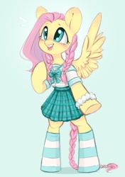 Size: 746x1061 | Tagged: safe, artist:melodylibris, imported from derpibooru, fluttershy, pegasus, semi-anthro, blouse, blue background, blushing, braces, braid, braided tail, clothes, cute, emanata, female, looking up, open mouth, open smile, shyabetes, simple background, skirt, smiling, socks, solo, spread wings, striped socks, tail, wings