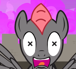 Size: 792x720 | Tagged: safe, imported from derpibooru, oc, oc only, oc:donut, pegasus, pony, dusk's dawn, dead, male, open mouth, shocked, spread wings, stallion, wingding eyes, wings, x eyes, youtube link