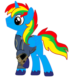 Size: 1214x1348 | Tagged: safe, artist:ponygamer2020, imported from derpibooru, oc, oc only, oc:shield wing, alicorn, pony, fallout equestria, absurd resolution, clothes, fallout, horn, jumpsuit, male, pipboy, ponytail, simple background, smiling, solo, stallion, tail, transparent background, vault suit, vector, wings