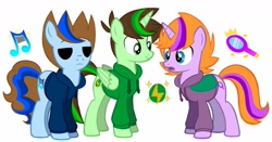 Size: 1378x720 | Tagged: safe, artist:tom-x-dajimi, imported from derpibooru, alicorn, earth pony, pony, unicorn, clothes, crossover, edd gould (eddsworld), eddsworld, electricity, hoodie, horn, magnifying glass, matt (eddsworld), music notes, ponified, simple background, smiling, tom (eddsworld), white background, wings