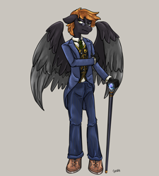 Size: 5955x6613 | Tagged: safe, artist:ghouleh, imported from derpibooru, oc, oc only, oc:preening oil, anthro, pegasus, absurd resolution, anthro oc, cane, clothes, frown, glasses, gray background, grumpy, male, necktie, pegasus oc, shoes, signature, simple background, solo, stallion, suit, vest, wings