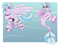 Size: 3600x2700 | Tagged: safe, artist:heart-of-a-dragoness, imported from derpibooru, silverstream, classical hippogriff, hippogriff, robot, seapony (g4), taur, blue background, bubble, commission, digital art, female, fin wings, fins, fish tail, jewelry, necklace, ocean, pearl necklace, roboticization, simple background, smiling, solo, swimming, tail, underwater, water, wings