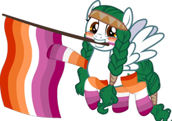 Size: 1262x887 | Tagged: safe, alternate version, artist:yeetmedownthestairs, imported from derpibooru, oc, oc only, oc:olivia leaf, pegasus, pony, braid, braided tail, clothes, cute, face paint, female, flag, freckles, grin, headband, lesbian pride flag, mare, mouth hold, pride, pride flag, pride month, simple background, smiling, socks, solo, striped socks, tail, transparent background