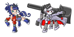 Size: 3000x1500 | Tagged: safe, artist:windywendy29, imported from derpibooru, kotobukiya, earth pony, pony, belt, blaster, boots, clothes, coat, crossover, duo, female, goggles, gun, hat, high heels, hoof shoes, jacket, mare, megatron, necktie, optimus prime, ponified, raised hoof, raised leg, rocket launcher, rule 63, rule 85, shirt, shoes, shorts, simple background, smiling, smirk, socks, stockings, thigh highs, toolbox, transformers, transparent background, weapon