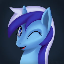 Size: 2480x2480 | Tagged: safe, artist:syntriax, imported from derpibooru, minuette, pony, unicorn, bust, looking at you, multicolored hair, one eye closed, open mouth, portrait, wink, winking at you