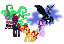 Size: 3818x2637 | Tagged: artist needed, source needed, safe, imported from derpibooru, mane-iac, nightmare moon, starlight glimmer, sunset shimmer, tempest shadow, alicorn, earth pony, pony, unicorn, equestria girls, antagonist, armor, broken horn, eye scar, female, flying, frown, grin, group, helmet, high res, hoof shoes, horn, looking at you, mare, quintet, raised hoof, red eyes, s5 starlight, scar, simple background, smiling, spread wings, transparent background, wings