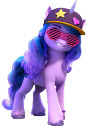 Size: 363x524 | Tagged: safe, edit, imported from derpibooru, izzy moonbow, pony, unicorn, background removed, baseball cap, cap, female, g5, glasses, hat, looking at you, mare, my little pony: a new generation, shutter shades, simple background, smiling, solo, sunglasses, transparent background