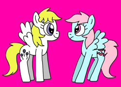 Size: 974x698 | Tagged: source needed, safe, artist:goldilocksofflowers, imported from derpibooru, surprise, wind whistler, pegasus, pony, adoraprise, amused, best friends, crush, cute, duo, female, friends, frown, g1, g1 to g4, g4, generation leap, lesbian, magenta background, mare, shipping, simple background, smiling, surprise is amused, unamused, varying degrees of want, whistlerbetes, whistlerprise, wind whistler is not amused