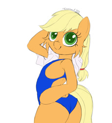 Size: 1080x1180 | Tagged: safe, artist:fajnyziomal, imported from derpibooru, applejack, earth pony, pony, semi-anthro, butt, cheek fluff, clothes, commission, cute, jackabetes, plot, simple background, solo, swimsuit, towel, white background, your character here