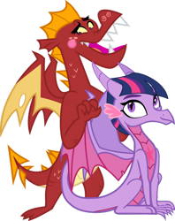 Size: 1280x1617 | Tagged: safe, artist:ponygamer2020, imported from derpibooru, garble, twilight sparkle, dragon, behaving like a bird, blushing, colored wings, cute, dragon wings, dragoness, dragonified, duo, duo male and female, ear fluff, embarrassed, eyebrows, female, freckles, gardorable, hair, horn, looking at you, male, massage, multicolored wings, open mouth, open smile, simple background, sitting, smiling, smiling at you, species swap, transparent background, twiabetes, twilidragon, vector, wings