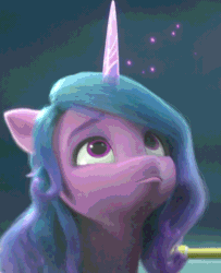 Size: 876x1080 | Tagged: safe, imported from derpibooru, screencap, izzy moonbow, pony, unicorn, spoiler:my little pony: make your mark, animated, bust, eyebrows, female, frown, g5, gif, glow, glowing horn, horn, looking up, magic, magic aura, mare, my little pony: make your mark, smiling, smirk, smug, solo