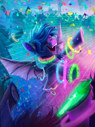 Size: 3072x4096 | Tagged: safe, artist:helmie-d, imported from derpibooru, oc, oc only, oc:guttatus, bat pony, pony, bat pony oc, bat wings, eyebrows, eyes closed, glow rings, glowstick, high res, male, neon, open mouth, open smile, rave, smiling, solo focus, spread wings, stallion, wings