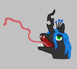 Size: 413x372 | Tagged: safe, queen chrysalis, changeling, aggie.io, fangs, female, long tongue, mare, open mouth, simple background, tongue out