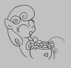 Size: 408x392 | Tagged: safe, artist:algoatall, junebug, earth pony, pony, aggie.io, bag, eyes closed, female, flower, mare, monochrome, open mouth, saddle bag, simple background, smiling
