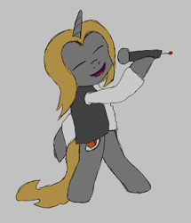 Size: 322x374 | Tagged: safe, oc, oc only, pony, unicorn, aggie.io, clothes, eyes closed, male, microphone, open mouth, simple background, singing, smiling, stallion