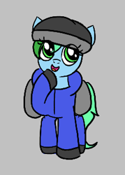 Size: 239x333 | Tagged: safe, artist:algoatall, oc, oc only, oc:tundra hills, earth pony, pony, aggie.io, clothes, hat, open mouth, raised hoof, simple background, smiling, sweatshirt