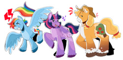 Size: 540x264 | Tagged: safe, artist:skillbattle, imported from derpibooru, applejack, rainbow dash, twilight sparkle, alicorn, earth pony, pegasus, apple, applejack's hat, cowboy hat, emanata, female, flying, food, hat, horn, mare, raised hoof, simple background, smiling, sparkles, spread wings, twilight sparkle (alicorn), white background, wings