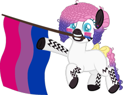 Size: 1157x897 | Tagged: safe, alternate version, artist:yeetmedownthestairs, imported from derpibooru, oc, oc only, oc:zuri sambo, zebra, bisexual pride flag, bow, commission, cute, ear piercing, earring, face paint, grin, jewelry, mouth hold, piercing, pride, pride flag, pride month, raised hoof, raised leg, simple background, smiling, solo, tail, tail bow, transparent background, ych result, zebra oc