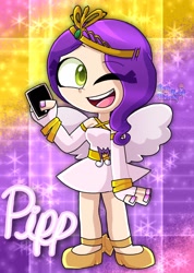 Size: 720x1014 | Tagged: safe, artist:tom-x-dajimi, imported from derpibooru, pipp petals, human, clothes, g5, humanized, my little pony: a new generation, one eye closed, phone, smiling, winged humanization, wings, wink