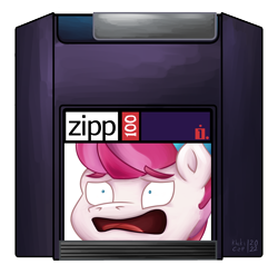 Size: 1700x1670 | Tagged: safe, artist:khaki-cap, imported from derpibooru, zipp storm, pegasus, canon, digital art, eyebrows, funny, g5, logo, logo parody, my little pony: a new generation, name pun, open mouth, pun, raised eyebrows, scared, screaming, signature, simple background, stuck, technology, text, transparent background, zip disk
