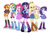 Size: 642x458 | Tagged: safe, applejack, fluttershy, pinkie pie, rainbow dash, rarity, sunset shimmer, twilight sparkle, equestria girls, barrette, belt, belt buckle, clothes, eyelashes, freckles, knee-high boots, kneesocks, mane six, simple background, skirt, socks, white background