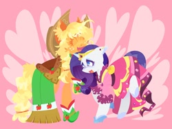 Size: 2360x1772 | Tagged: safe, artist:anubiscatto, imported from derpibooru, applejack, rarity, earth pony, pony, unicorn, clothes, cowboy hat, dress, eyes closed, female, freckles, gala dress, hat, heart, lesbian, mare, open mouth, pink background, rarijack, shipping, simple background, smiling, stetson