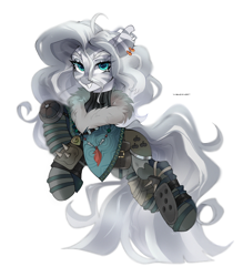 Size: 2800x3200 | Tagged: safe, artist:zlatavector, imported from derpibooru, oc, oc only, zebra, ear piercing, earring, feather, jewelry, long hair, looking at you, oc name needed, outfit, piercing, simple background, smiling, smiling at you, solo, spikes, trade, white background