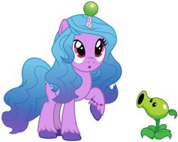 Size: 1024x821 | Tagged: safe, artist:emeraldblast63, imported from derpibooru, izzy moonbow, pony, unicorn, food, g5, pea, peashooter, plants vs zombies