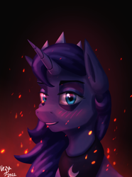 Size: 1000x1346 | Tagged: safe, artist:vezja, imported from derpibooru, princess luna, alicorn, pony, blushing, bust, female, fire, horn, jewelry, looking at you, mare, peytral, portrait, regalia, signature, simple background, smiling, tiara
