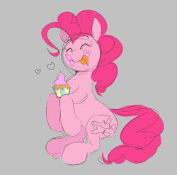 Size: 476x471 | Tagged: safe, artist:hattsy, pinkie pie, earth pony, pony, aggie.io, cupcake, eating, eyes closed, female, food, heart, mare, simple background, sitting, smiling, tongue out