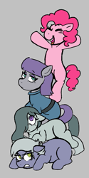 Size: 293x588 | Tagged: safe, limestone pie, marble pie, maud pie, pinkie pie, earth pony, pony, aggie.io, angry, clothes, eyes closed, female, frown, happy, looking up, mare, open mouth, raised arms, simple background, smiling